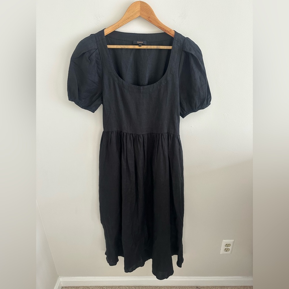 Quince maternity black linen midi dress square neckline and puff sleeves size S - Picture 2 of 11